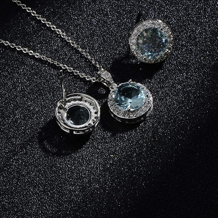Bridal Crystal Jewelry Set - Sterling Silver Round Cubic Zirconia CZ Rhinestone Halo Birthstone Pendant Necklace Stud Earrings Set for Wedding Bride Bridesmaids Birthday Gift