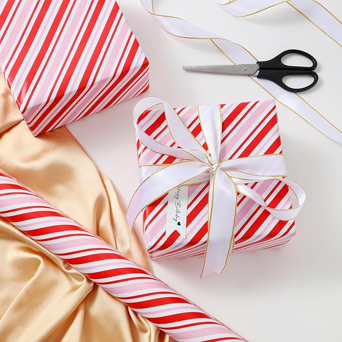 Miss DuiDui Gift Wrapping Paper Roll, 17 Inch x 32.8 Feet, Red Pink White Stripe for Birthday, Baby Shower, Valentine's Day, Anniversary, Wedding, Christmas