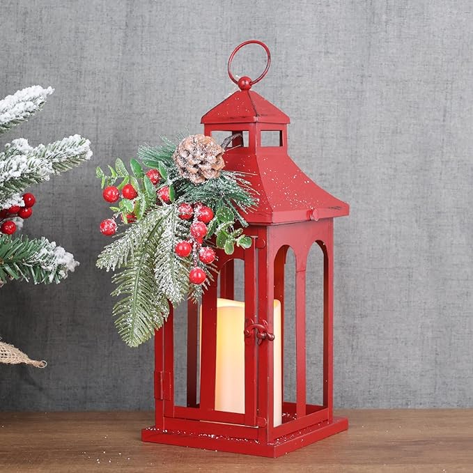 DECORKEY Christmas Decorations for Home, Decorative Christmas Lantern Indoor Outdoor Decor, Metal Hanging Candle Holder with Xmas Teardrop Wreath and LED Candle for Table Centerpieces, Patio (Red)
