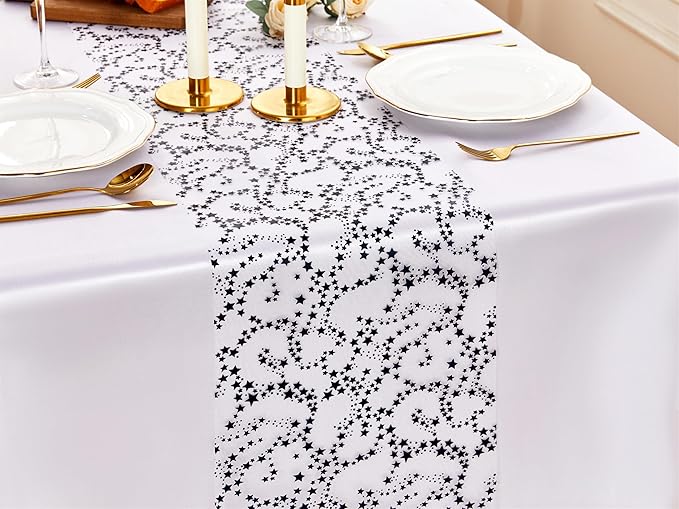 YATOJUZI Black Tulle Table Runner,16 Ft Star Sheer Chiffon Table Runner,Sequin Glitter Metallic Foil Black Table Decorations Centerpiece for Birthday Halloween Party