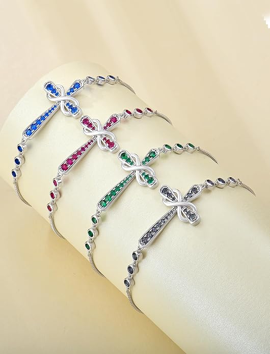 YL Cross Bracelet 925 Sterling Silver Infinity Sideways Link Bracelet Birthstone Jewelry for Women