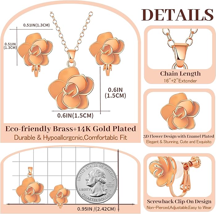 Dainty Rose Flower Pendant Necklace Clip On Earrings Set for Women 14K Gold Plated Hypoallergenic Jewelry Sets