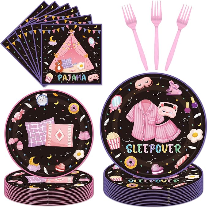 96PCS Sleepover Plates and Napkins Party Supplies Pajama Party Decorations Sleepover Party Supplies for Girls Slumber Themed Disposable Tableware Set Serve 24 Guests