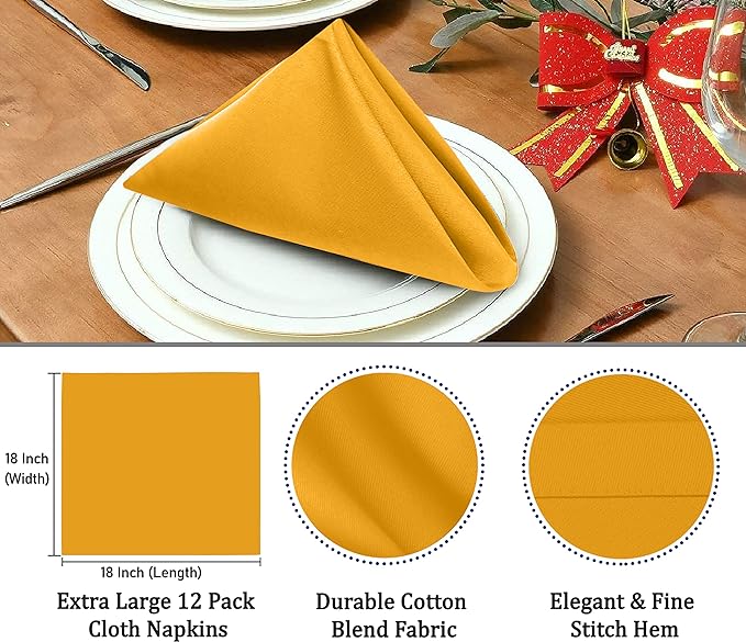 Ruvanti Cloth Napkins Set of 12, 18x18 Inches Napkins Cloth Washable, Soft, Durable, Absorbent, Cotton Blend. Table Dinner Napkins Cloth for Hotel, Lunch, Restaurant, Wedding Event, Parties - Mustard