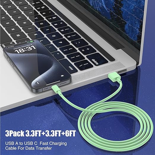 3-Pack Green [3.3FT+3.3FT+6FT] USB A to USB C Cable，USB to USB C Car Carplay Cable for iPhone 16 15 Pro Plus Pro Max，for iPad Pro/Air/Mini，for Samsung S24/S23/S22/S21，for MacBook Pro/Air and More