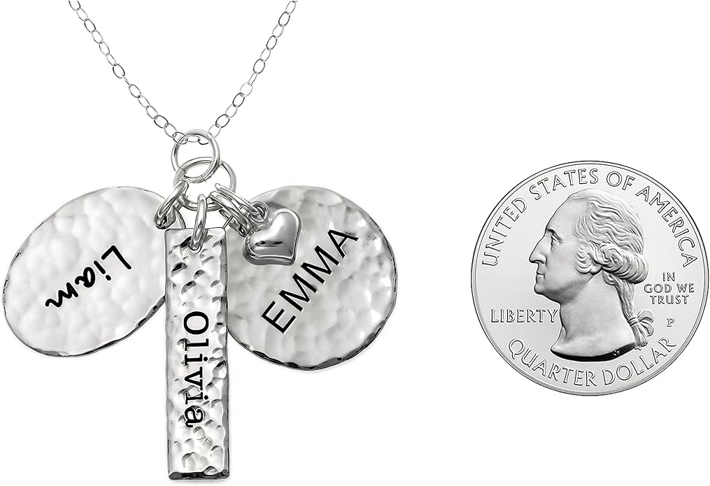 Chic and Modern Love Personalized Sterling Silver Name Necklace with 3 Customized Discs. Hand Finished and with a 925 Sterling Silver Heart. Choice of Chain. Gifts for Her, Mother, Grandmother, Wife