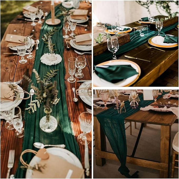 12 Pack Christmas Table Runner Emerald Green Cheesecloth Table Runner 10FT Boho Gauze Fabric 35 x 120 Inch Rustic Runner for Centerpiece Wedding Decor Baby Shower Party Table Decoration