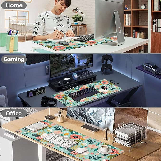 Colorful Flowers and Berries Desk Mat,Large Beautiful Floral Branches Gaming Keyboard Mouse Pad,Non-Slip Rubber Base Desk Pad Thick Stitched Edges Waterproof Mousepad Mouse Mat 31.5"x11.8"
