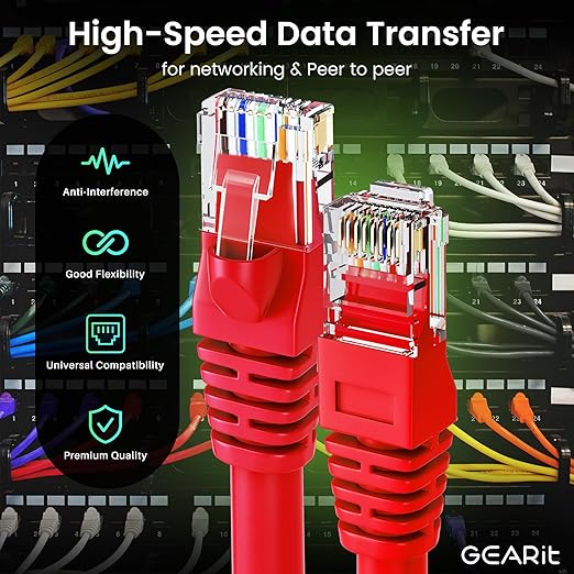 GearIT Cat 6 Ethernet Cable (24-Pack 3 Feet) Cat6 Network Patch, 10Gbps, RJ45, Snagless Cord, Gold-Plated Connectors, Internet for PC, TV, Tablet, Router, Printer, Servers, IT Data Center - Red