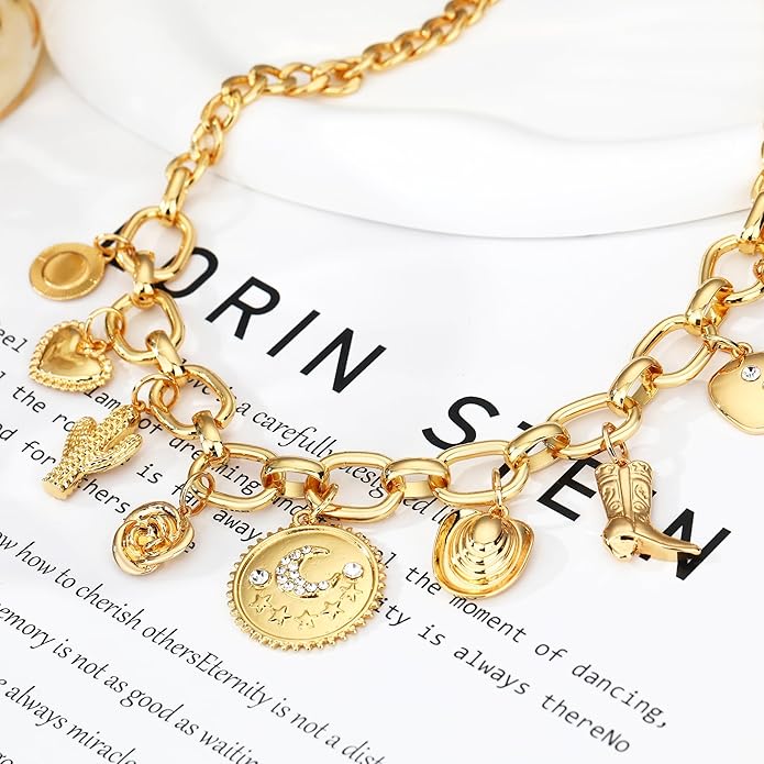 MISS RIGHT Dainty Gold Evil Eye Hamsa Hand Coin Lucky Charm Pendant Necklace for Women Trendy Vintage Paperclip Chain Sun Moon Clover Flower Chunky Charm Necklace Jewelry Gifts