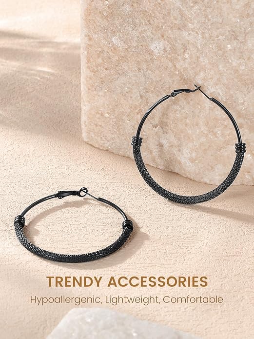 KeyStyle Mesh Hoop Earrings for Women, Stainless Steel Gold Hoops Earring Lightweight Loops, 2MM Thick Hypoallergenic Circle Endless Hollow Hoop 20mm-80mm