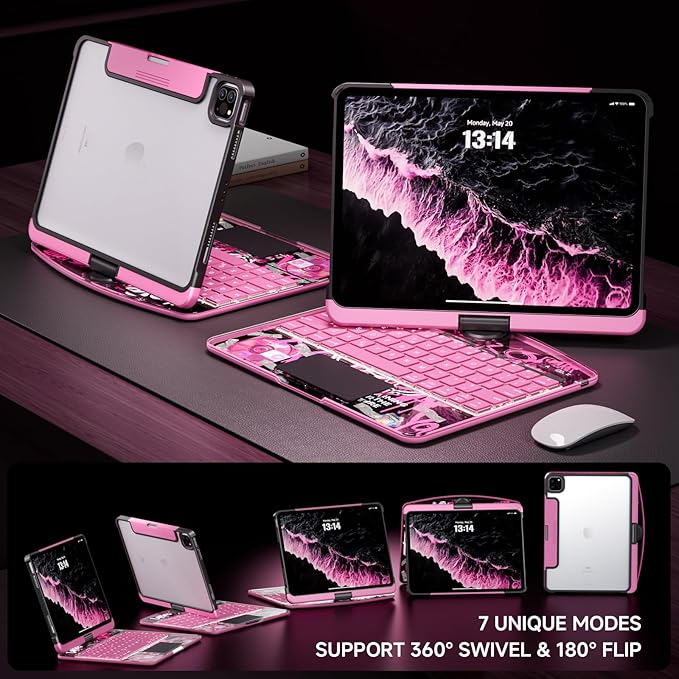 Transparent Case with Keyboard for iPad 11th Gen 11 Inch.(A16, 2025) & 2022 iPad 10th Gen 10.9 Inch,7-Color Backlit,Wireless Keyboard, 360°Rotating,with trackpad,Pencil Holder,with Shortcuts,pink