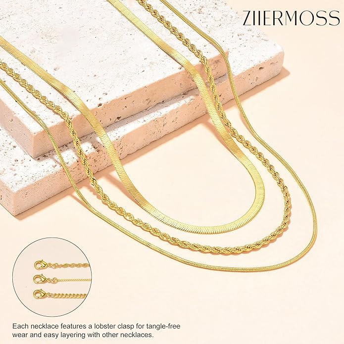 3PCS Gold Necklaces for Women,Chunky Statement Gold Plated Necklace Stack Layered Sterling Silver Herringbone Chains for Women Dainty Trendy Silver Chains Stacked Jewelry Gifts