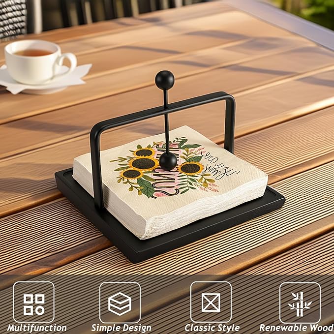 ALLCENER Napkin Holder for Table with Weighted Arm | Black Modern Flat Napkin Holder | Matte Metal & Wood Design for Kitchen Counter, Dining, and Outdoor Patio