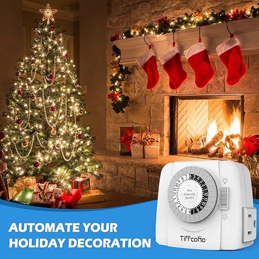 TiFFCOFiO Indoor Mechanical Light Timer, 3 Prong Plug in Timer Switch, 2 Grounded Outlets for Lamps Indoor, ETL Listed,15A/1875W