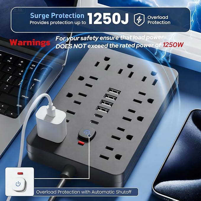 15 FT Flat Plug Surge Protector Power Strip,11 Multiple AC Outlets with 6 USB Ports (2 USB C), 15 Feet Extension Cord, 1250W/10A, One Touch Switch Button, 17 in 1 Compact powerstrip