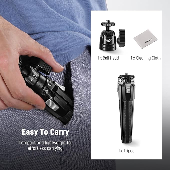 NEEWER Mini Desk Tripod, Metal Table Top Small Portable Travel Selfie Stick Stand with 360° Ball Head & 1/4" Screw for Camera Mobile Phone Holder Action Cam, Cleaning Cloth, Max Load 6.6 lbs, TP29