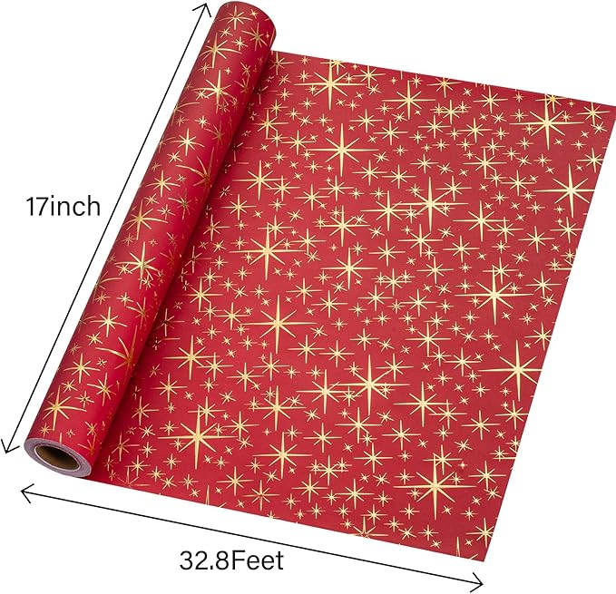 Garbendy Red Christams Wrapping Paper Roll - 17 Inch X 32.8 Feet - Embossing 3D with Gold Foil Star Design for Christmas, Birthday, Wedding, Baby Shower, Bridal Shower, Party
