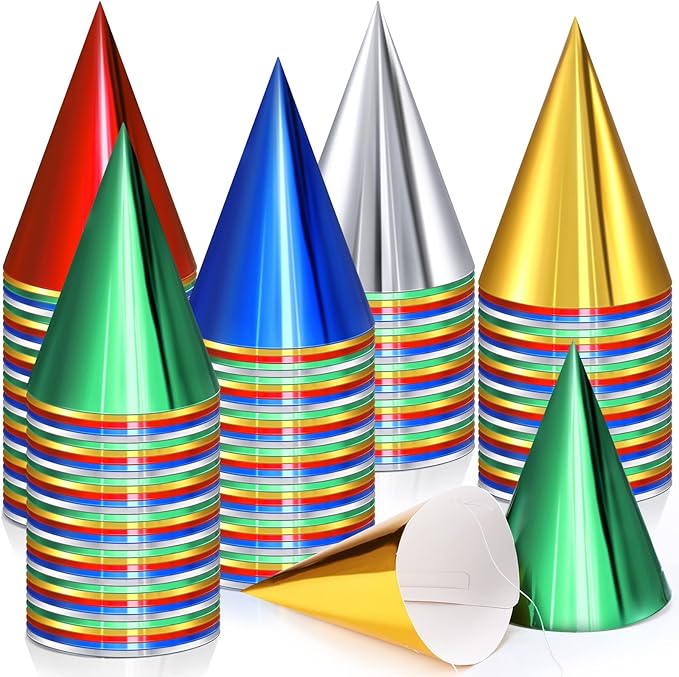 Geosar 300 Pcs Birthday Party Hats Bulk Cone Metallic Foil Paper for Adults Kids Boys girls