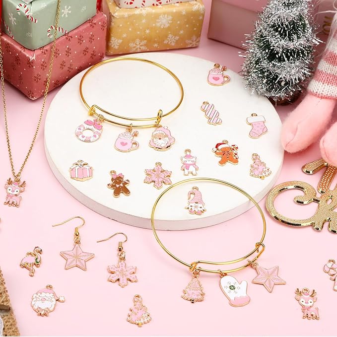 MARFOREVER 40 Pcs/20 Pairs Christmas Charms for Jewelry Making, Pink Christmas Enamel Charm Holiday Xmas Bangle Pendants for Bracelet Necklace Earrings Making Accessories