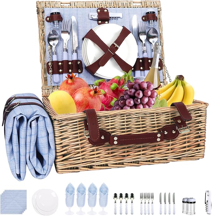 Picnic Baskets Wicker Willow Picnic Set for 4 Persons with Insulated Cooler Bag and Waterproof Picnic Blanket