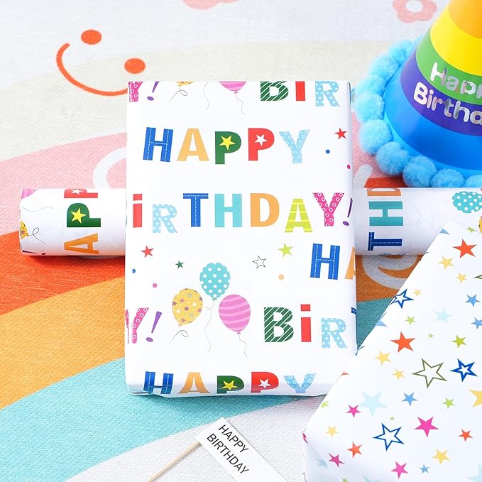 Reversible Birthday Wrapping Paper Roll for Boys Girls Kids - Mini Roll - 17 Inches X 33 Feet - Colorful Happy Birthday Lettering Balloon and Stars Design for Boy Girls Kids