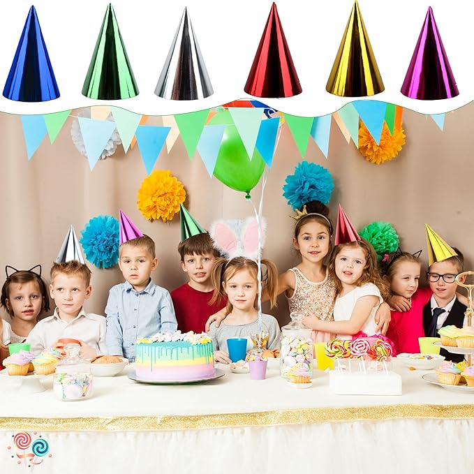 60 Pieces Paper Cone Party Hats Colorful Metallic Foil Birthday Cone Hats for Kids Adults Birthday New Year Party Supplies, 6 Colors