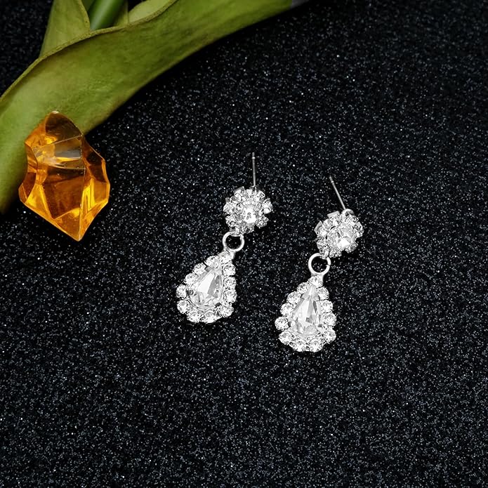 HONGLU Elegant Crystal Necklace Earrings Bracelets Set Silver Bridal Wedding Jewelry Sets Bride Bridesmaids Prom Formal Costume Accessories for Women
