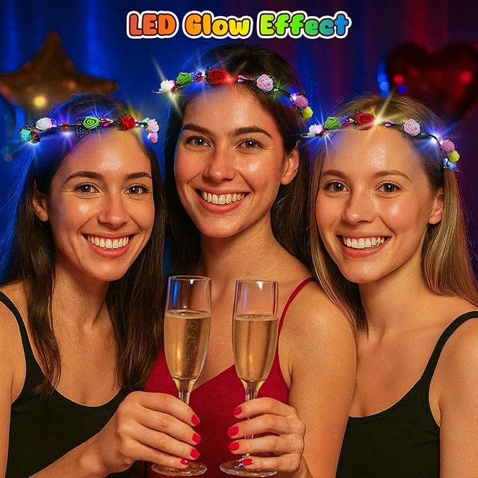 LovesTown 60PCS Glow in the Dark Party Supplies, Flower Crowns for Women Light Up Flower Crown, Light Up Party Favors for Christmas New Year Raves Birthday Wedding Reception Mardi Gras Cosplay