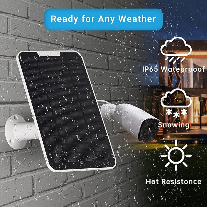 Upgrade 5W Solar Panel Charging Compatible with Arlo Pro 3/Pro 4/Pro 5S/Ultra/Ultra 2/Go 2 Continuous Power Supply IP65 Weatherproof with 9.8ft Charging Cable and Adjustable Wall Mount 1Pack