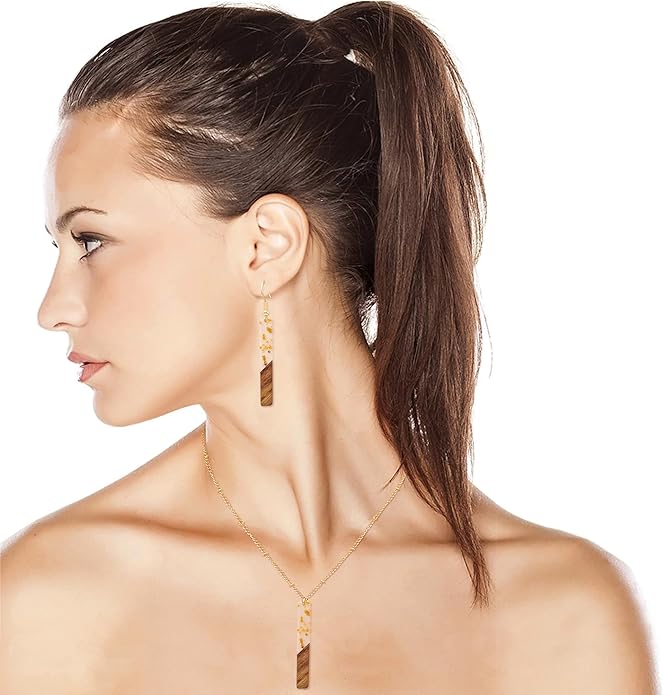 Bar Necklace Earrings for Women 16K Gold Plated Trendy Geometric Jewelry Set Boho Lightweight Wooden Resin Bar Pendant Necklace Dangle Earring Set,Gift for Her,Mom,Wife
