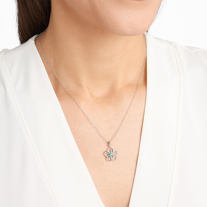 Amazon Collection Genuine or Created Gemstone Birthstone Flower Pendant Necklace with Chain in Sterling Silver, 18"