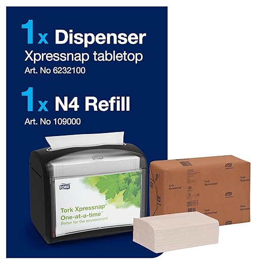 Tork Xpressnap Tabletop Napkin System Starter Pack Black N4, Dispenser and 1 x 500 One-at-a-Time Dispensing Napkins, 80062301