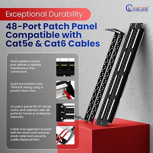 NewYork Cables 48 Port Cat6 Patch Panel – 10Gb Ethernet, 2U Rackmount 19-Inch, Color-Coded T568A/B Labels, Unshielded, 110/Krone Compatible, Black