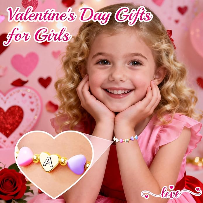 Valentines Day Gifts for Kids Women Girls, Initial Heart Bracelets for Teen Girls Young Women Bulk, Cute Preppy Letter A-Z Charm Bracelet, Personalized Happy 3-18 Year Old Birthday Gifts for Daughter, Lover, Sisters, Toddler