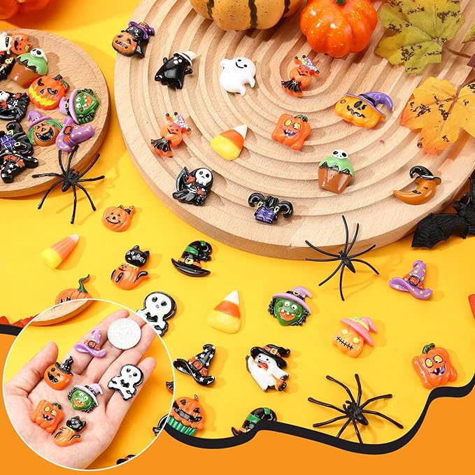 Giegxin 40pcs Halloween Resin Charms Halloween Decor Pumpkin Witch Hat Candy Corn Ghost Flatback Cabochon Accessories Cute Embellishment Bulk for Jewelry Cellphone Case Scrapbooking Headband DIY Craft