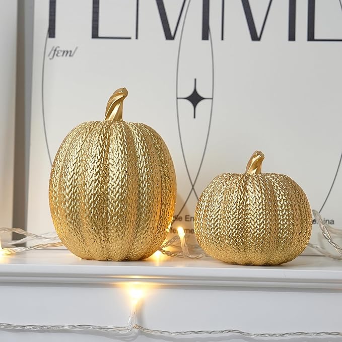 Pumpkin Fall Decor Indoor - Gold Pumpkin for Decorating, 2Pcs Resin Pumpkins Decor with Woven Effect, Thanksgiving Table Centerpiece, Fireplace, Autumn Harvest Party Decorations