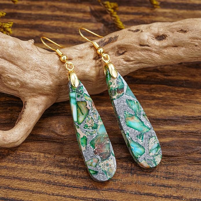 Boho Women Natural Stone Earrings Unique Healing Imperial Jasper Gemstone Energy Hypoallergenic Lightweight Dangle Drop Earrings Multiple Styles Earrings Jewelry for Birthday Party Gift