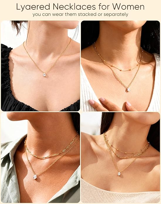 KSF Layered Gold Necklaces for Women - 18K Gold Plated 3PCS Dainty Simple Stackable Choker Necklace, Cubic Zirconia Pendant Necklace Trendy Jewelry Gift Set for Women