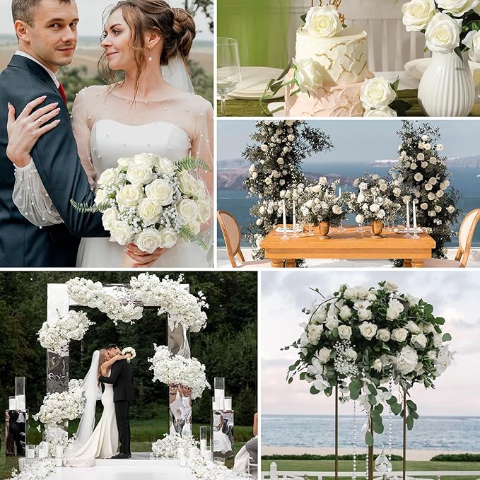 Tifuly 50pcs Roses Artificial Flowers Bulk,Realistic Long Stem Fake Silk Roses for Wedding Centerpiece Table Vases Party Home Kitchen DIY Bouquets Decor（Off White）