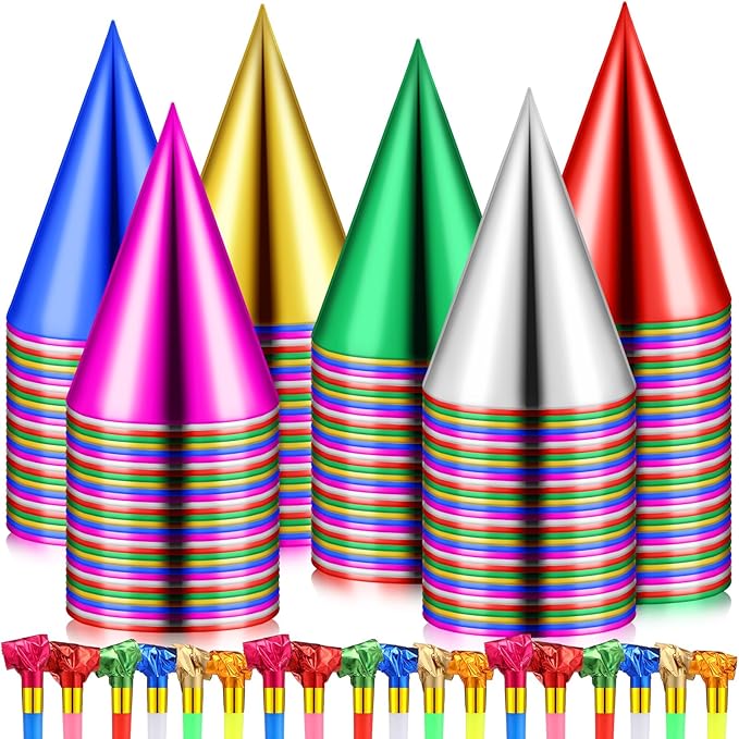 300 Pcs Birthday Party Cone Hats and Colorful Noisemakers Blowers Set Metallic Foil Paper Cone Hats Noisemakers Blow Whistle for Kids Children Adults Birthday Party Supplies