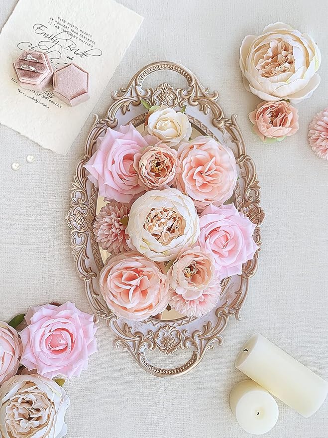Peonies Artificial Flowers Pink Silk Roses Bulk for DIY Wedding Bouquet Bridal Shower Decorations Fake Floral Arrangements Party Table Centerpieces Home Decor Indoor Blush Peach Box 20pcs