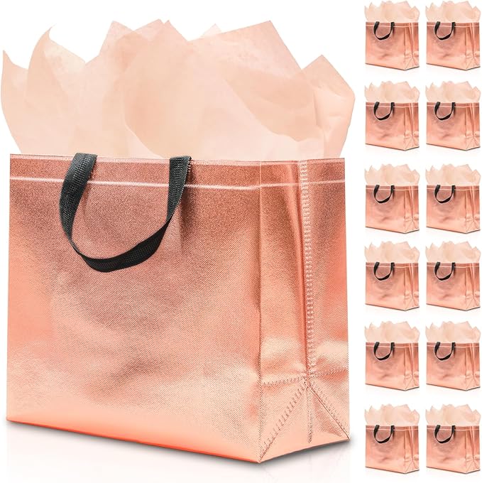 KeerxunBag 12Pcs Reusable Gift Bags（Includes Tissue Paper） Gift bag with handle Birthdays Parties Holidays Weddings Medium 13x5x11in Rose Gold Bags