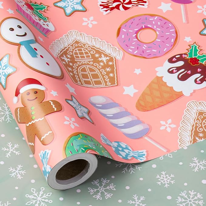 RUSPEPA Christmas Reversible Wrapping Paper Roll for Kids, Mini Roll, Gingerbread, Donut, Candy Cane Design and Light Green Snowflake, Ideal for Holiday Gifts and Christmas, 17 Inches x 16.4 Feet