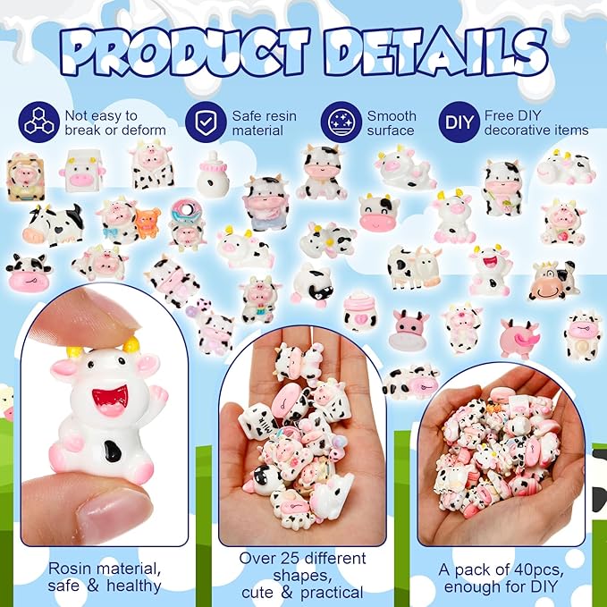 Giegxin 40 Pcs Cow Resin Charm Milk Bottle Cute Animal Accessories Cute Embellishments Bulk for Jewelry Cellphone Case Scrapbooking Headband DIY Craft Making(Cow)