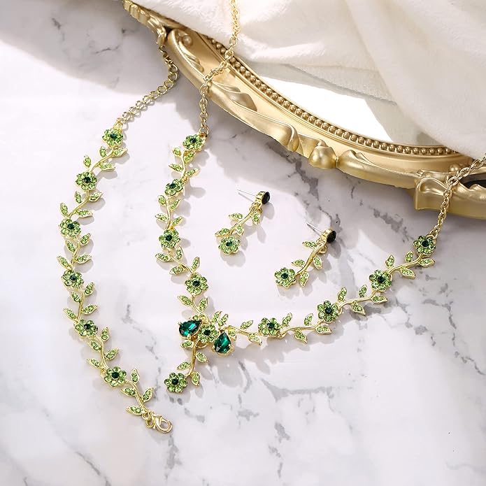 BriLove Women's Wedding Jewelry Leaf Cluster Flower Crystal Dangle Earrings Pendant Necklace Set for Bridal
