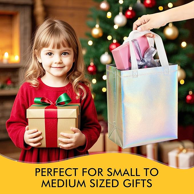 100 Pcs Iridescent Glossy Gift Bags Medium Size, 8x4x10 In Holographic Reusable Gift Bags with Handles & Sturdy Base, Ideal for Birthday, Wedding, Bachelorette, Party Favors, Holiday Goodie Bag