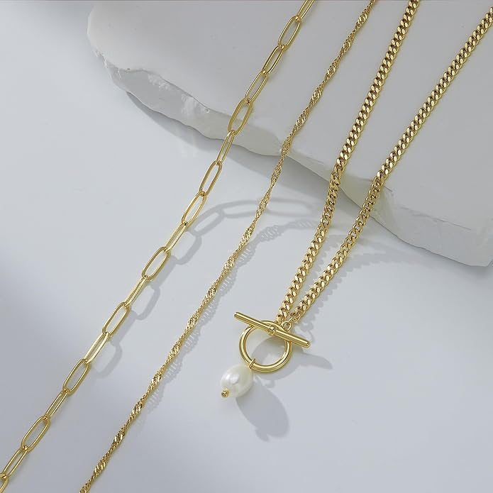 Layered Gold Necklaces for Women, Stackable Dainty 14K Gold Silver Plated Trendy Simple Heart Diamond Cross Bow Circle Pendant Paperclip Choker Dot Chain Necklace,Jewelry Set Gifts for Women