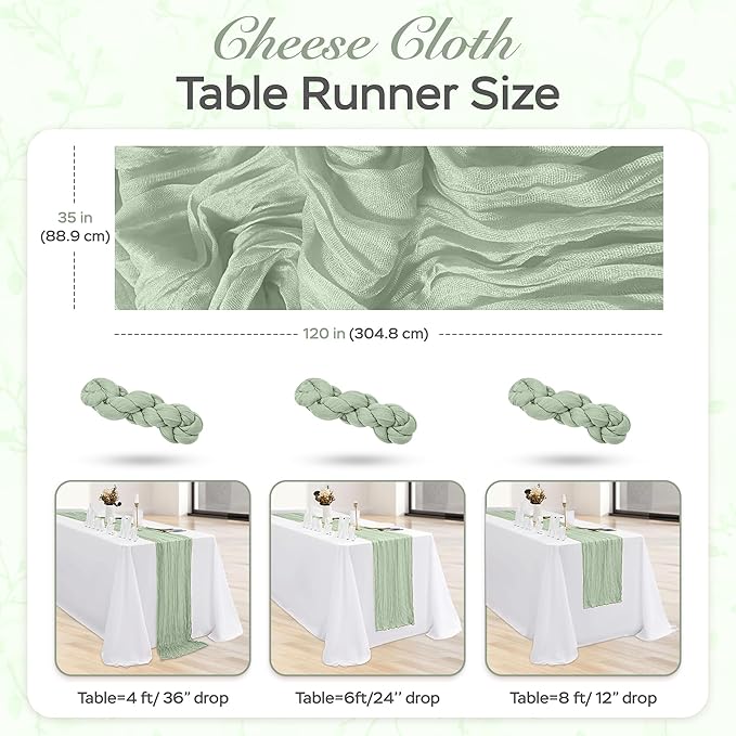 Cheesecloth Table Runner 3 Pack – 35x120 Inch (10ft) Boho Rustic Gauze Cloth Runners – Crinkle Polyester Table Decor for Wedding, Baby Shower, Bridal Shower, Birthday Party and More (Sage Green)