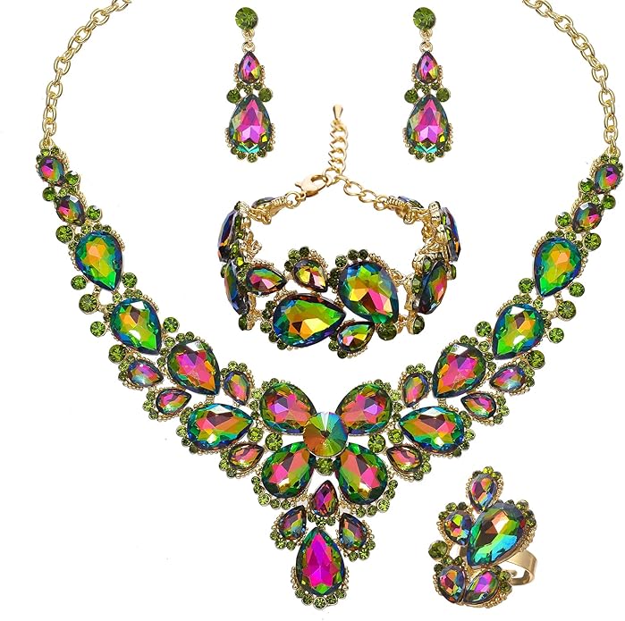 Women's Wedding Bridal Austrian Crystal Glass Teardrop Statement Necklace Dangle Earrings Bracelet Ring Wedding Party Jewelry Set for Bridal Bridesmaid
